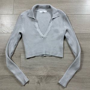 Four Three Seven 437 Grey Ribbed V-neck Cropped Long Sleeve Knit Top